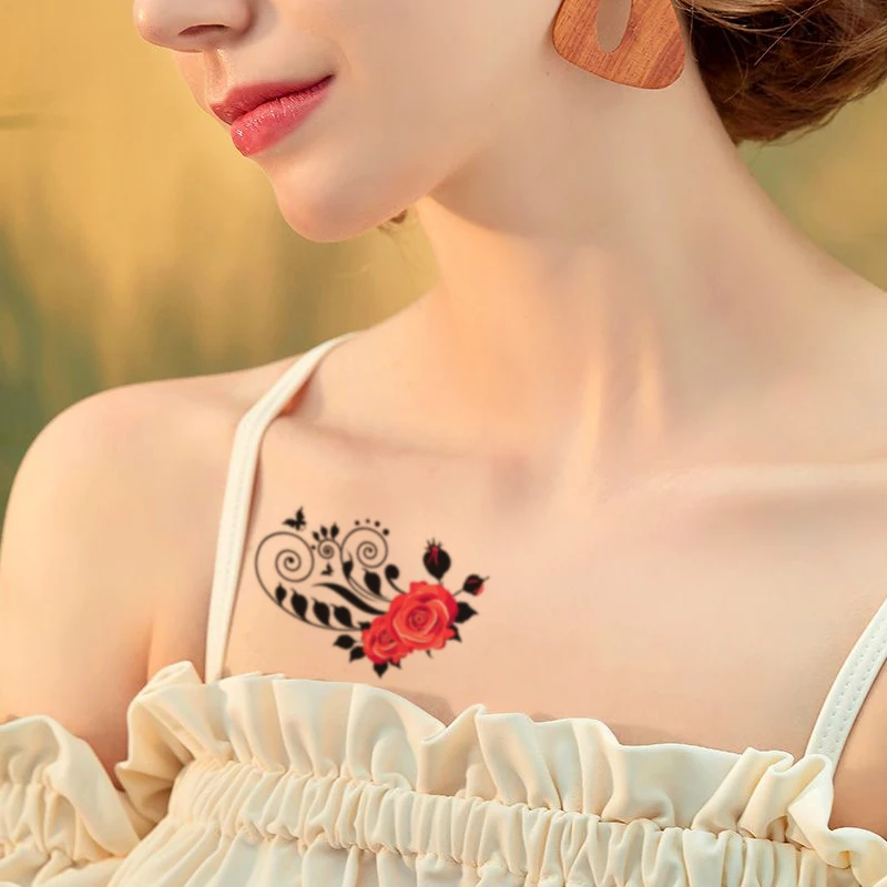 Rdeča Peony Rose Cvet Nepremočljiva Začasni Tattoo Nalepke Črni Listi Metulj Tatto Body Art Roko Prsih, Vratu Ženske Ponaredek Tattoo