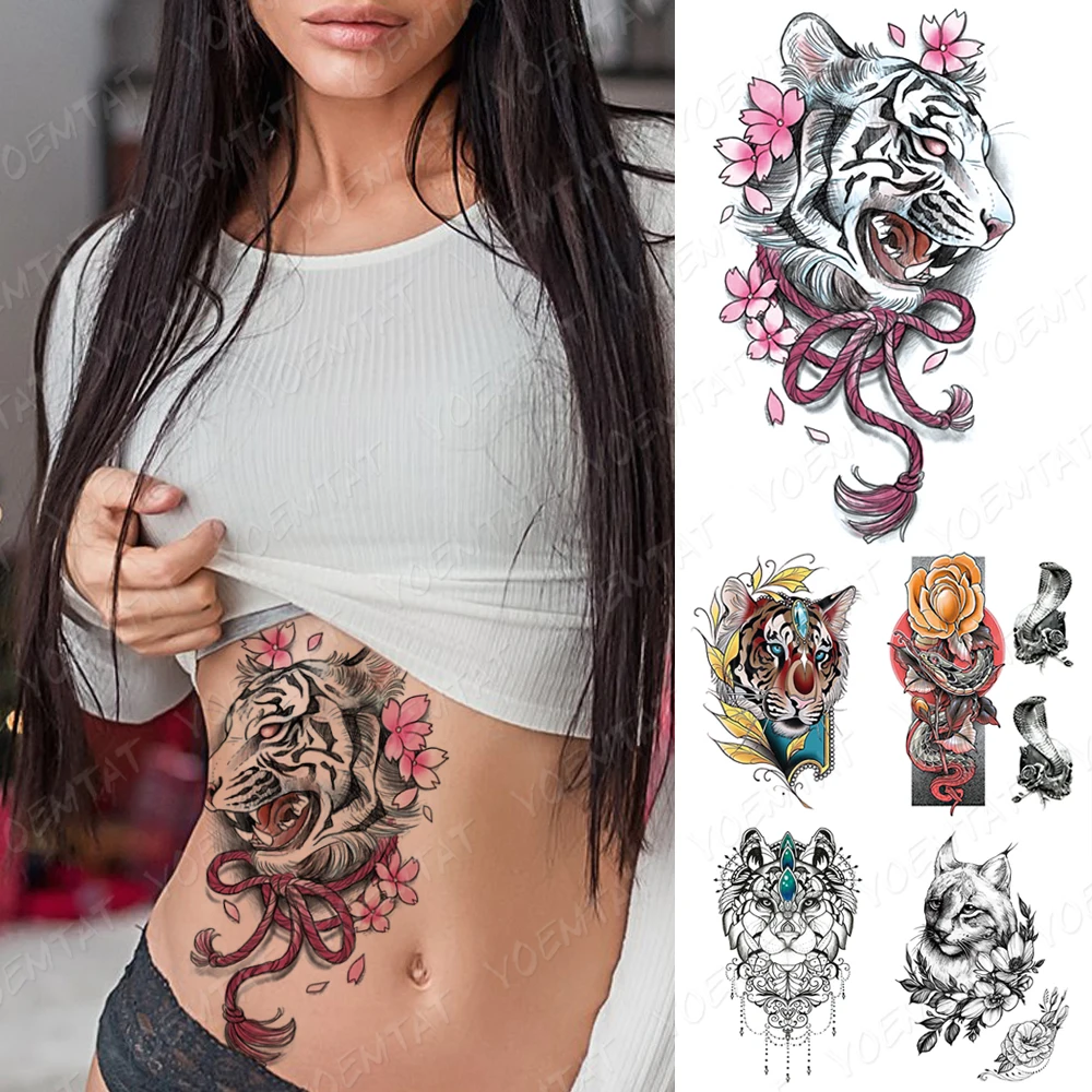Nepremočljiva Začasni Tattoo Nalepke Tiger Sakura Cirkus Flash Tetovaže Temna Kača Nakit Čipke Mačka Body Art Roko Ponaredek Tattoo Ženske