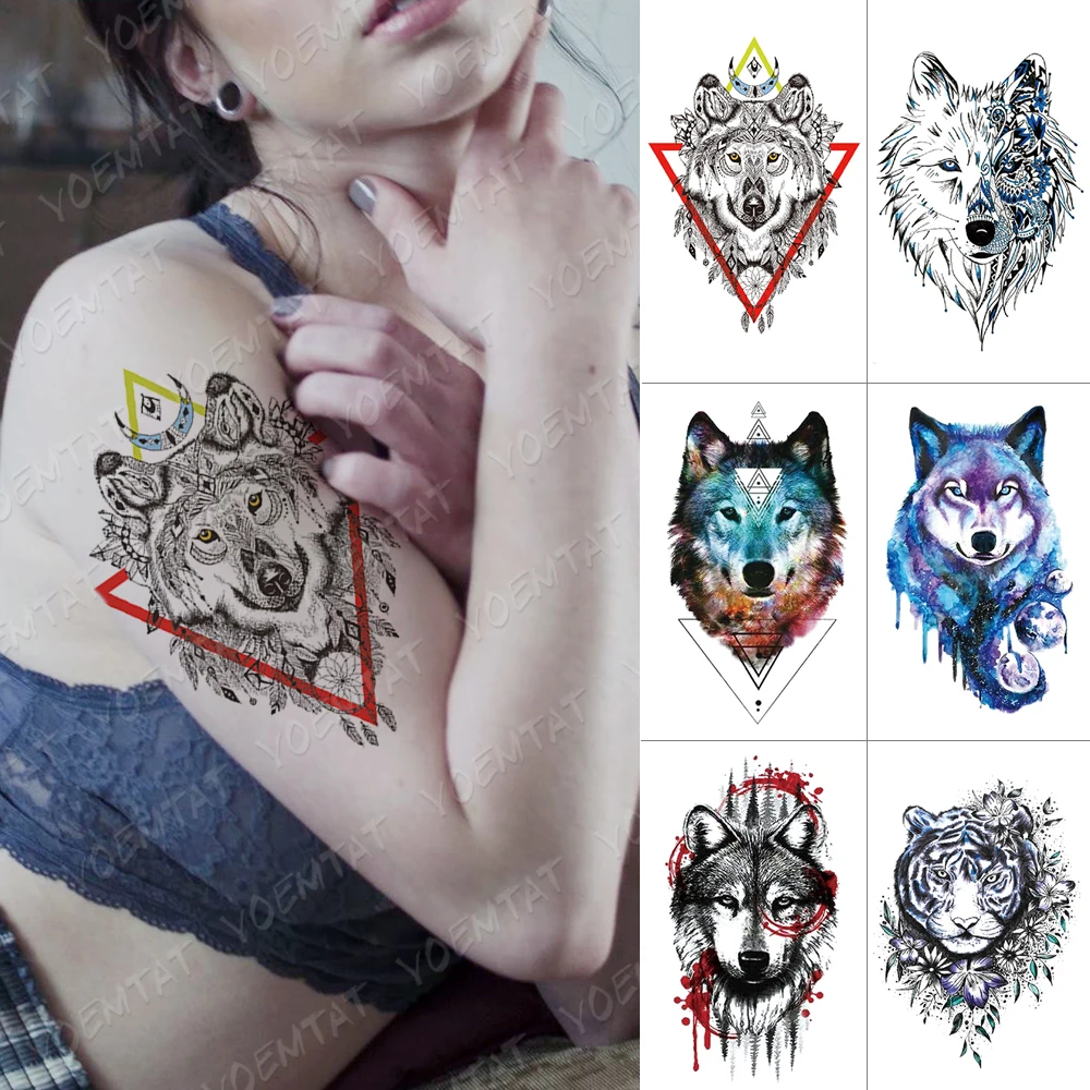 Nepremočljiva Začasni Tattoo Nalepke Volk Tiger Živali Flash Tatto Gozd Fox Body Art Roko Vode Prenesti Ponaredek Tattoo Ženske Moški