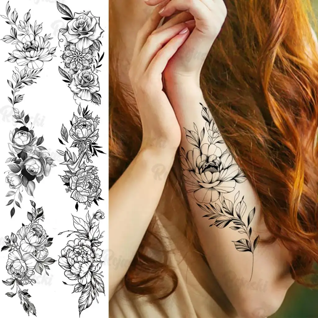 Velika Lotus Začasne Tetovaže Za Ženske, Dekleta Realne Rose Cvet Sidro Flora Nepremočljiva Ponaredek Tattoo Nalepke Roko Telo Tatoos