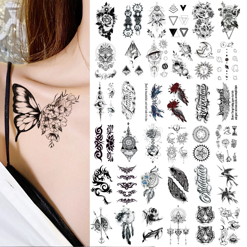 Gleženj Flora Pero Sivke Tatoo Nepremočljiva Začasno Ponaredek Tatoo za Ženske Roko Prsih Tattoo Nalepke Body Art Meri Tatoos