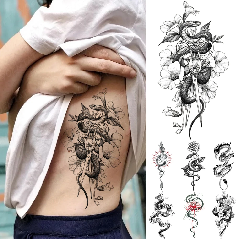 Črna Kača Nepremočljiva Začasni Tattoo Nalepke Zmaj Peony Rose Cvet Flash Tatto Ženske Moški Roko Pasu Body Art Ponaredek Tetovaže