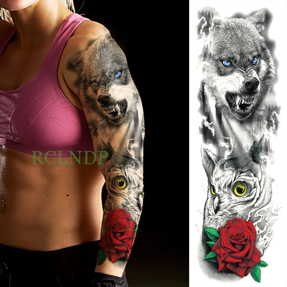Nepremočljiva Začasni Tattoo Nalepke volk Volk živali rdeče rose cvet polno roko ponaredek tatto flash tattoo, za moške, ženske dekle