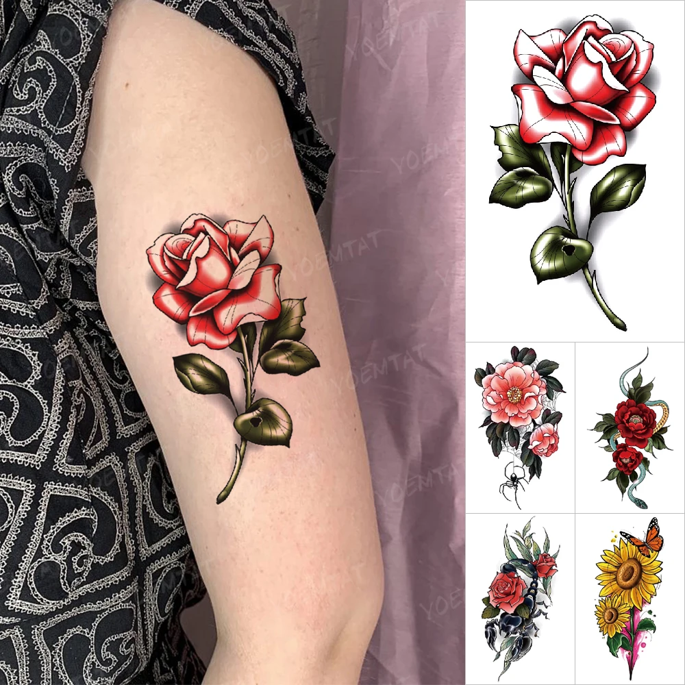 3D Rose Prenos Nepremočljiva Začasni Tattoo Nalepke Peony Sončnično Kača Metulj Scorpion Tetovaže Body Art Moški Ženske Tatto
