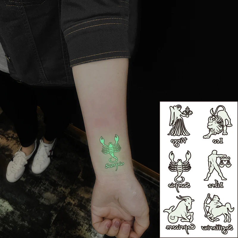 Nepremočljiva Začasno Svetlobna Tattoo Nalepke Lev Devica Tehtnica Škorpijon Strelec Constellation Flash Ponaredek Tatto za Ženske, Moške