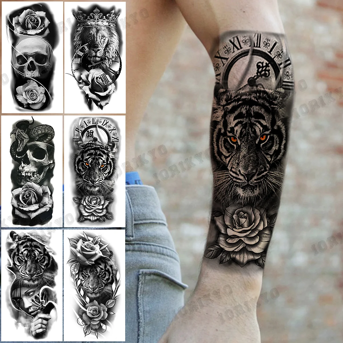 Tiger Compass Rose Cvet Začasne Tetovaže Za Ženske Odraslih Moških Lobanje Lev Krono Ponaredek Tatoo Nepremočljiva Body Art Slikarstvo Tatoos