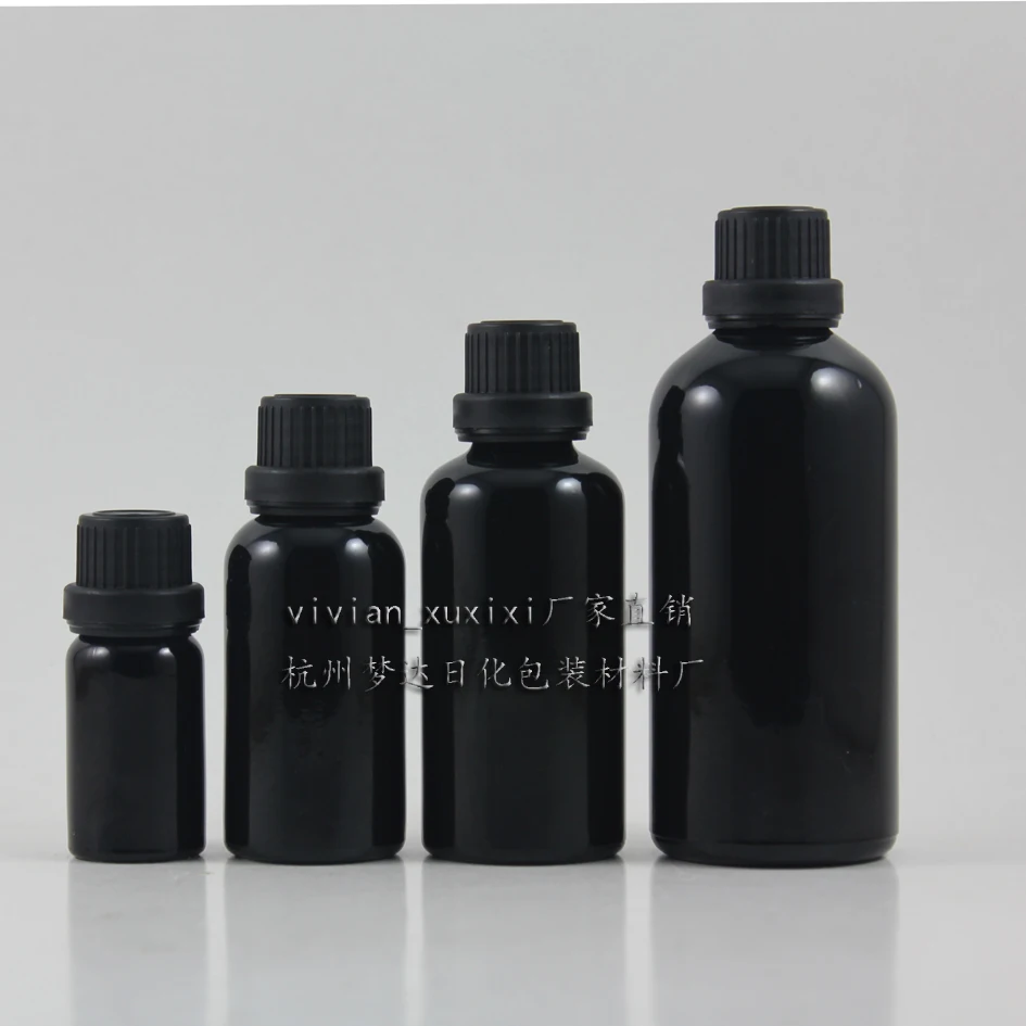 Vroče prodaje 30ml svetlečim črnim kapalko steklenici z veliko plastično zaporko,1 unča črno steklo eterična olja, ki prevažajo steklenico 30ml