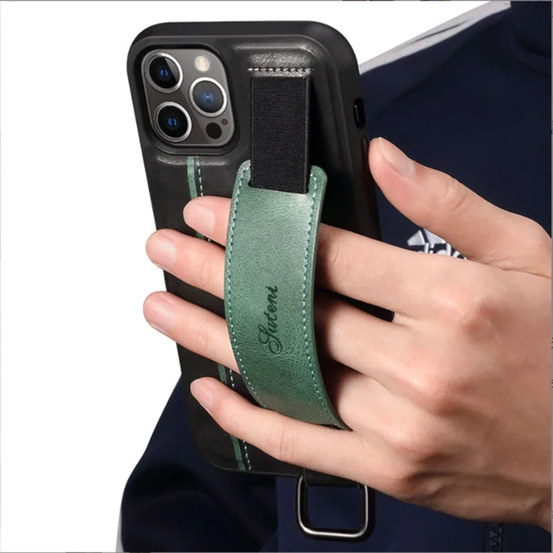 Za iPhone 13 12 Pro Max Primeru Hrbtni Pokrovček Kartice Zaščitna Usnjena torbica za Zapestje Trak Tesnilo Primeru