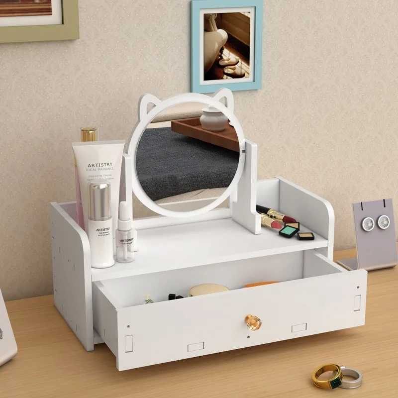 Vrtenje Lesene Srčkan Make-up Ogledalo, DIY Namestitev Montaža Desk Jutranje Ženske Prenosni Velike Kozmetične Škatla za Shranjevanje Rok