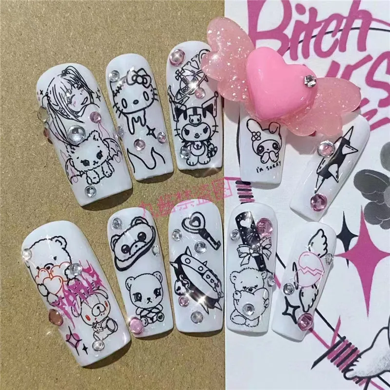 Y2K Vroče Dekle Nohtov Diy Obliž Anime Risanke Kuromi Hello Kitty Nosljivi Snemljiv Ročno Fototerapijo Nohtov Manikira Opremo