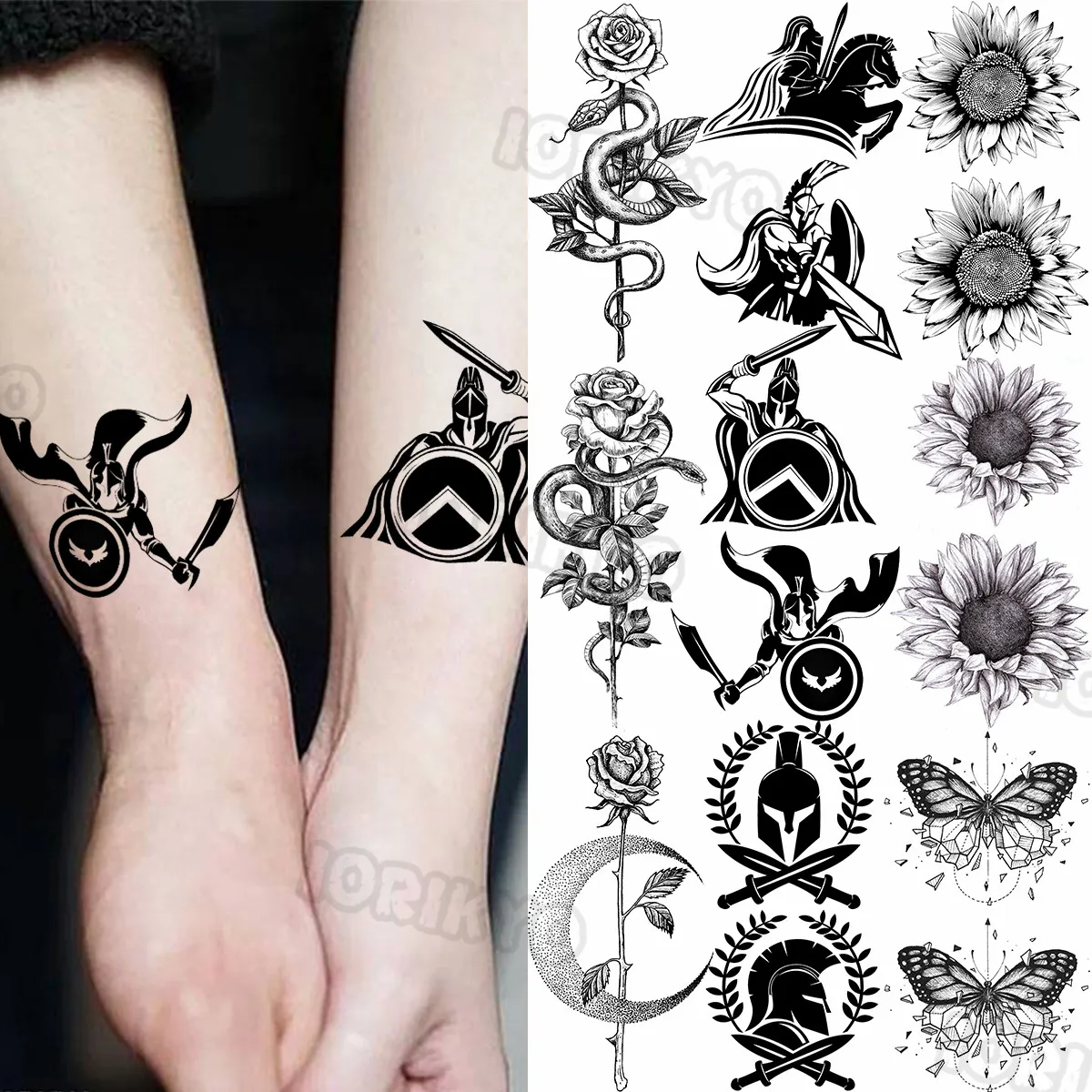 Črna Samurai Ščit Majhne Začasne Tetovaže Za Ženske, Moške Kača Rose Sonce Cvet Meč Ponaredek Tattoo Nalepke, Podlakti Tatoos Po Meri