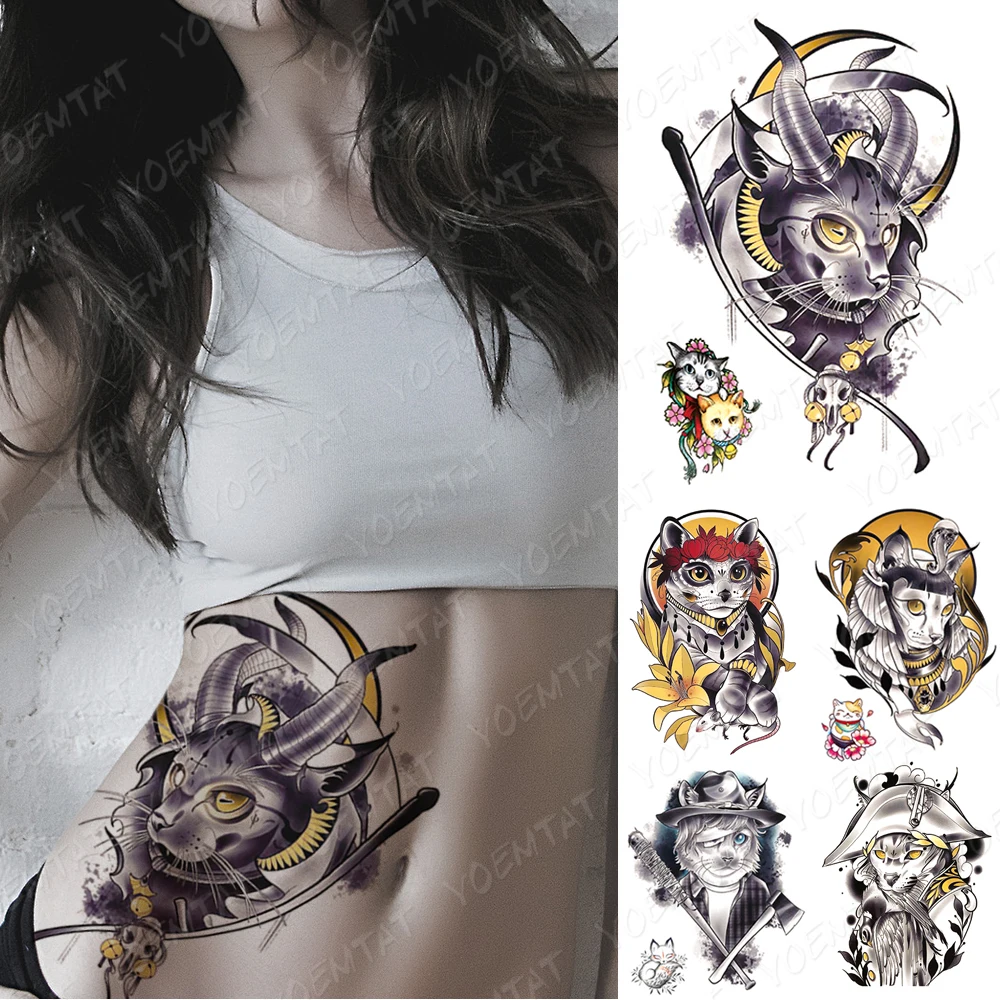 Seksi Srčkan Nepremočljiva Začasni Tattoo Nalepke Pisane Plemenski Mačka Luna Body Art, 3D Ponaredek Tatto Moški Ženske Pasu Flash Tetovaže