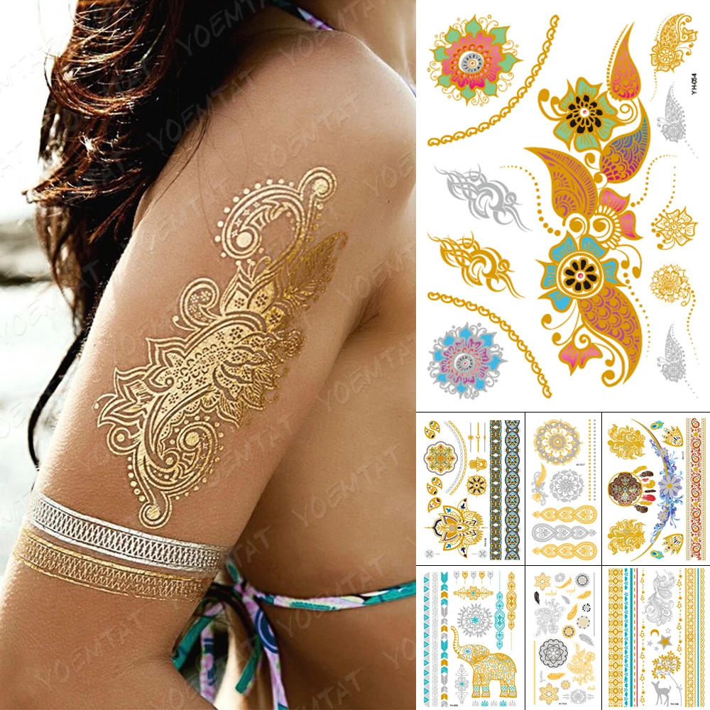Nepremočljiva Začasni Tattoo Nalepke Lotus Mandala Zlata, Srebrna Kovinski Flash Tattoo Boho Henna Cvet Nakit, Bleščice, Body Art,