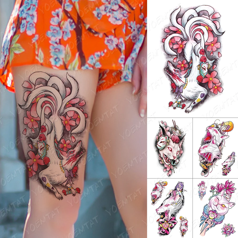 Nepremočljiva Začasni Tattoo Nalepke Devet Repo Fox Demon Flash Tetovaže Roza Anime Harajuku Body Art Roko Ponaredek Tattoo Ženske Moški