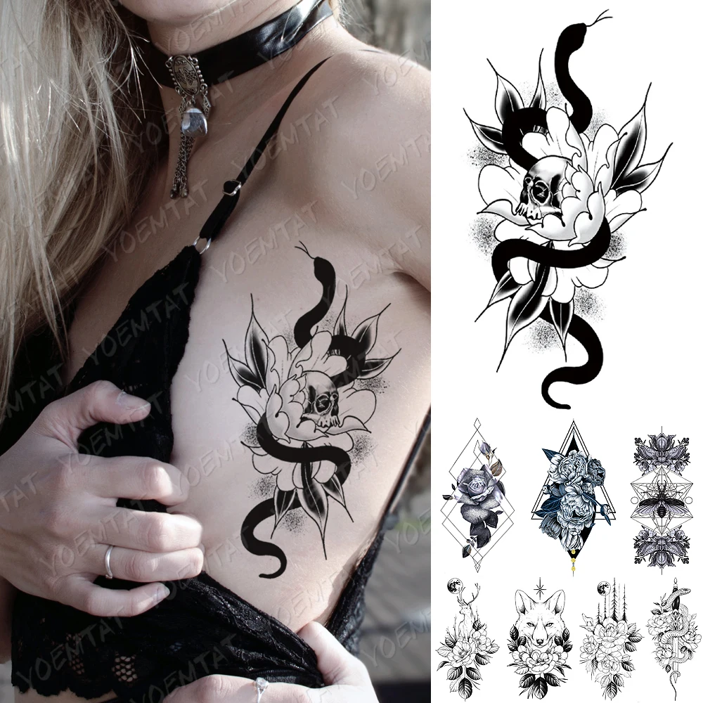 Nepremočljiva Začasni Tattoo Nalepke Kača Cvet Temne Črte Flash Tetovaže Rose Luna Vešča Body Art Roko Ponaredek Rokav Tattoo Ženske