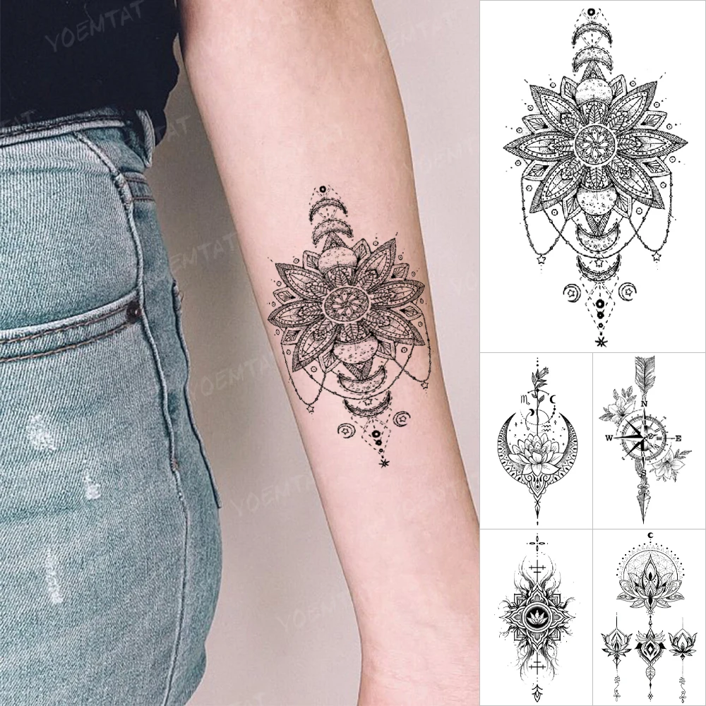 Nepremočljiva Začasni Tattoo Nalepke Cvet Luna Sonce Črno Kano Ponaredek Tattoo Roko Zapestje Moški Ženske Bleščice Tetovaže Otroci Body Art