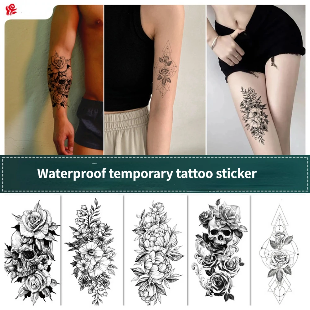 Nepremočljiva Začasni Tattoo Nalepke, Črni in Beli Cvet Tattoo Nalepke Navaden Cvet Skica Ponaredek Tetovaže Umetno Tatouage Femme