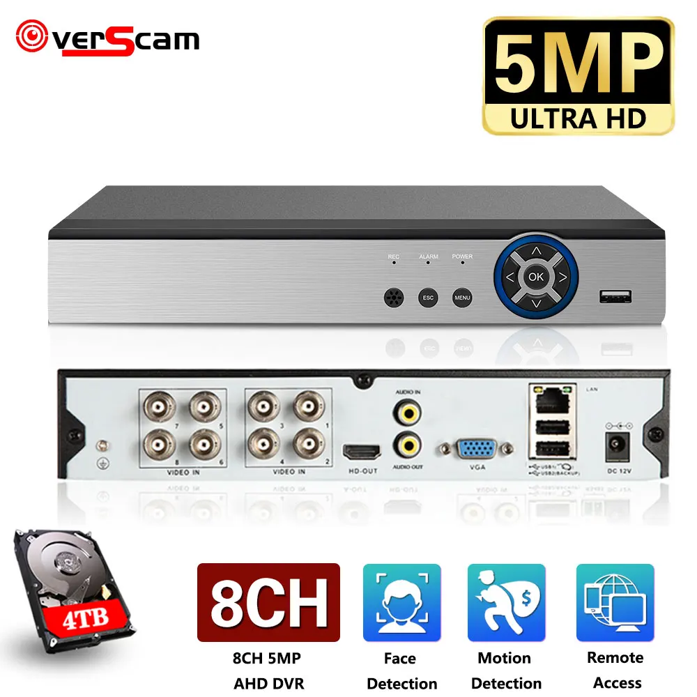 Overscam 8CH AHD Video Snemalnik H. 265+ 5MP 4MP 1080P 8 Channel 5 v 1 Hibridni DVR Wifi XVi TVi CVI IP NVR Za Dom CCTV Kamere